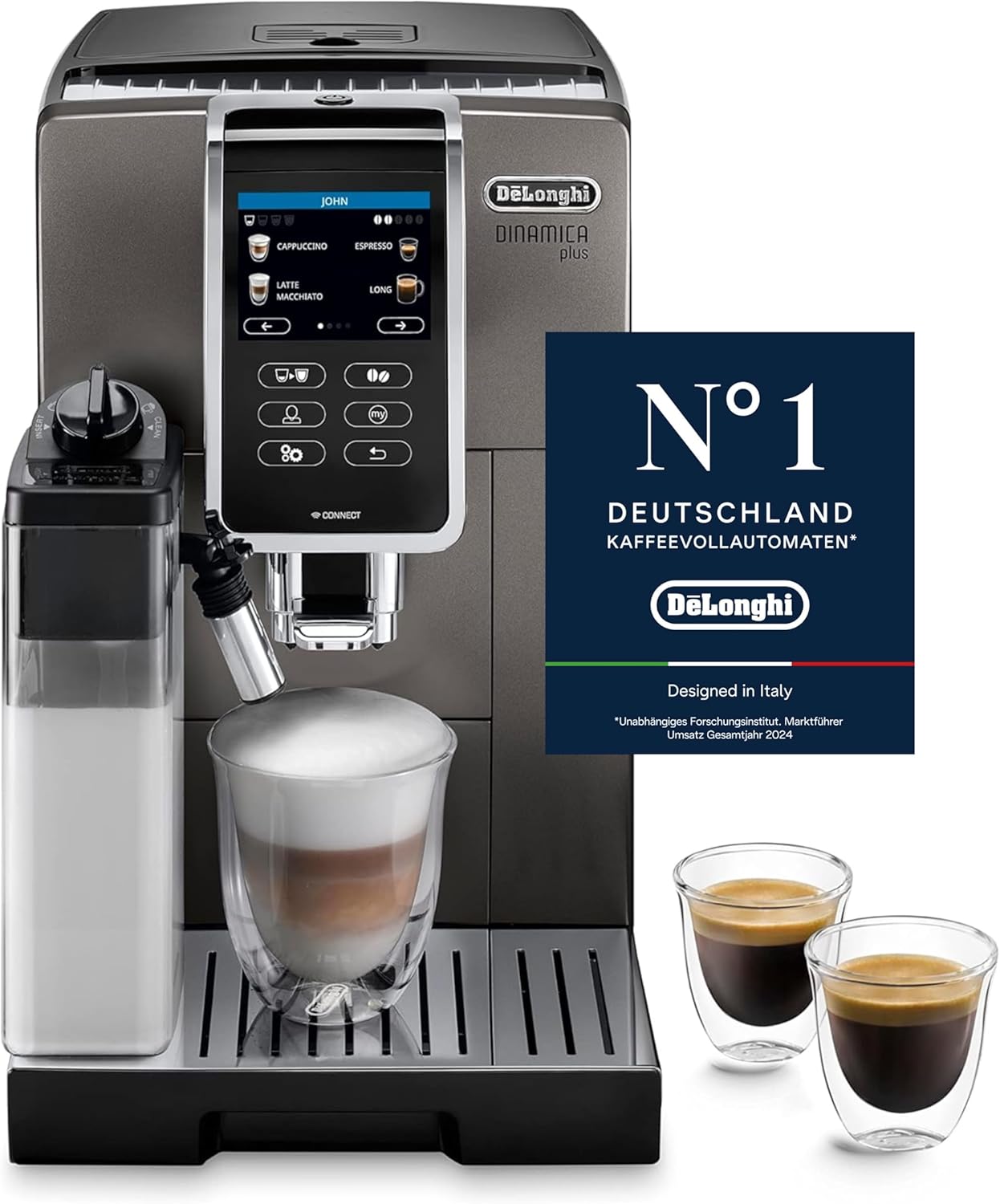 De\'Longhi Dinamica Plus ECAM 372.95.TB Fully Automatic Coffee Machine with LatteCrema Milk System, Cappuccino and Espresso at the Touch of a Button, Touchscreen Color Display, App Control, Coffee Pot