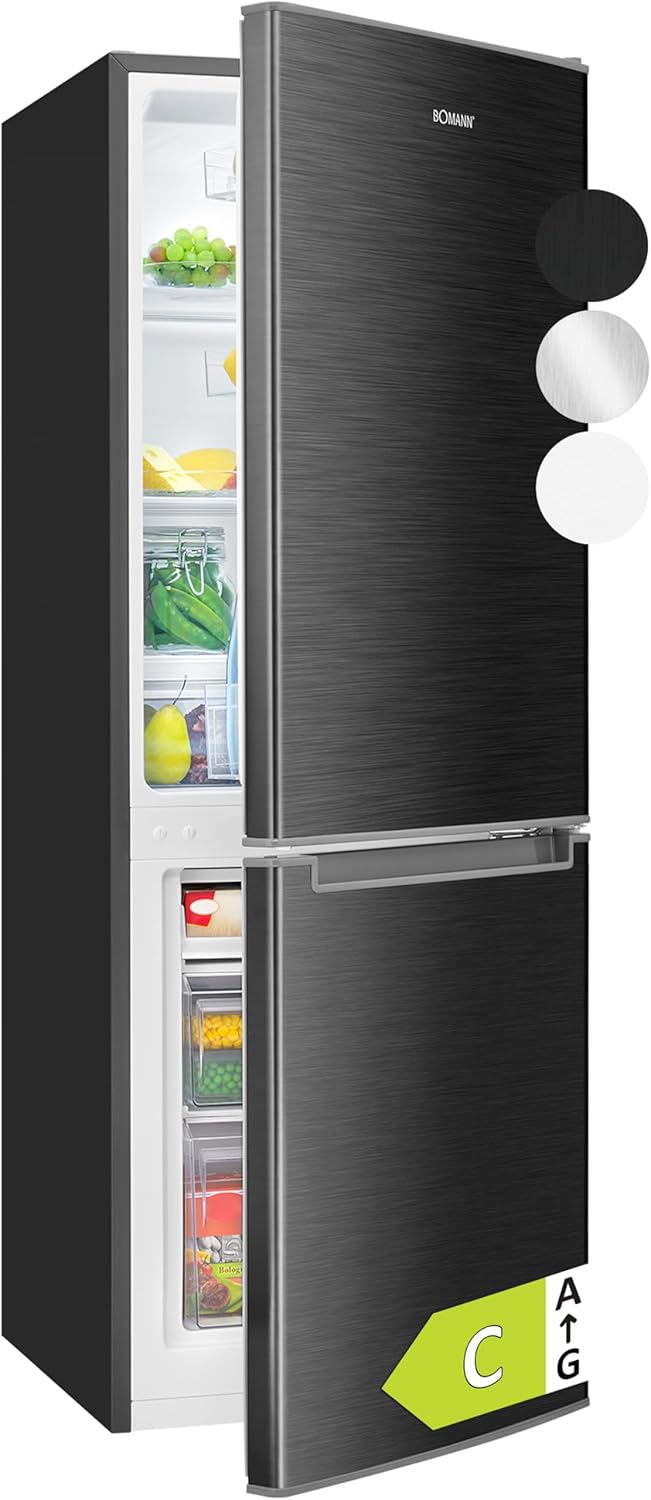 Bomann Fridge with Freezer | Energy Class C | 143 cm | Cool Freezer Combination Quiet 40 dB | 3 Shelves & 2 Drawers | Door Hinge Interchangeable | 173 L Fridge Freezer Combination | KG 7359 Black-inox