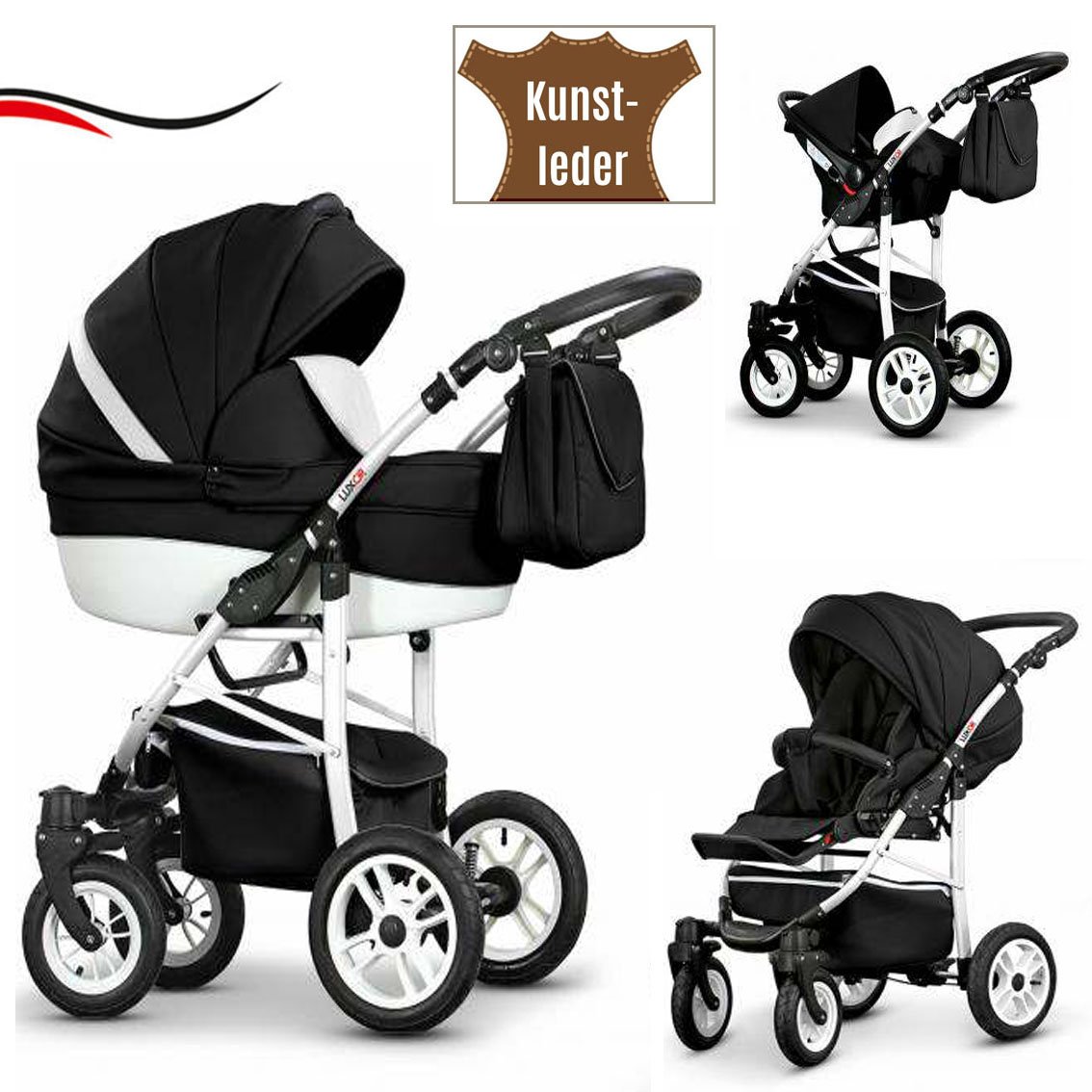 dein_babyladen 16-Piece Quality Travel System 3-in-1 \"Cosmo-Eco\" - Faux Leather: Pushchair + Buggy + Car Seat + Swivel Wheels - Mega Equipment - All Inclusive Package in 37 Great Colours