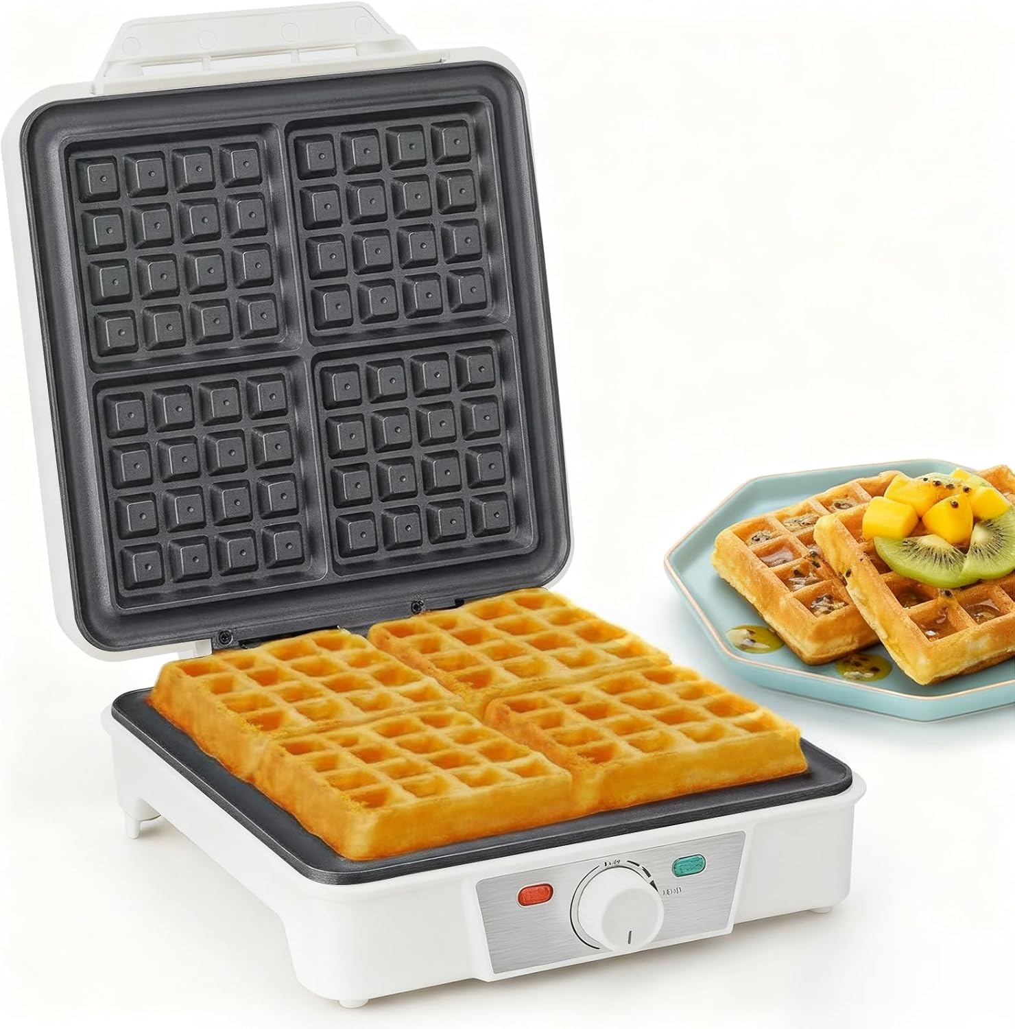 VINATO Belgian Waffle Iron for 4 Waffles, 1200 W Fast and Stable Heat, Waffle Machine with Non-Stick Coating of Heating Plates, Continuous Temperature Control, White