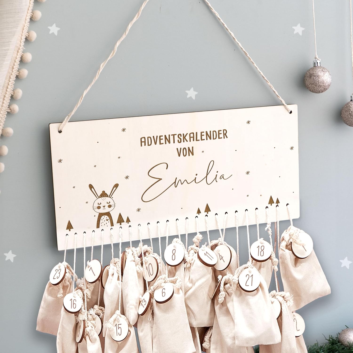 Advent Calendar Personalized for Children | Wooden Advent Calendar to Fill | Wall Mounted Christmas Calendar DIY with Name | Hellomini (Hare Engraving)