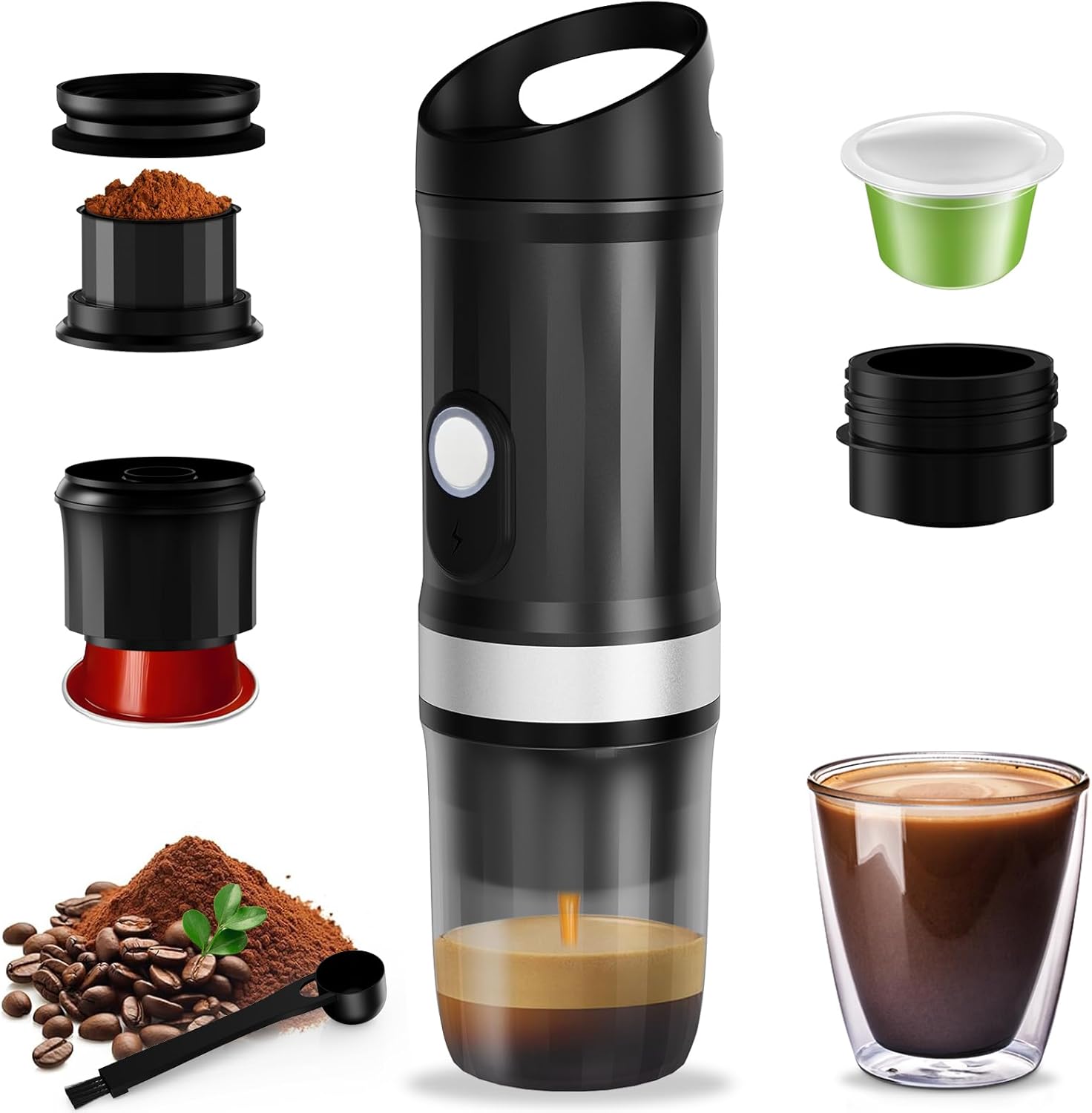 Windancy Portable Espresso Coffee Maker, Camping Coffee Maker with USB-C, 3 in 1 Car Coffee Maker with Self-Heating, Travel Espresso Machine for Camping, Office, Home, RV