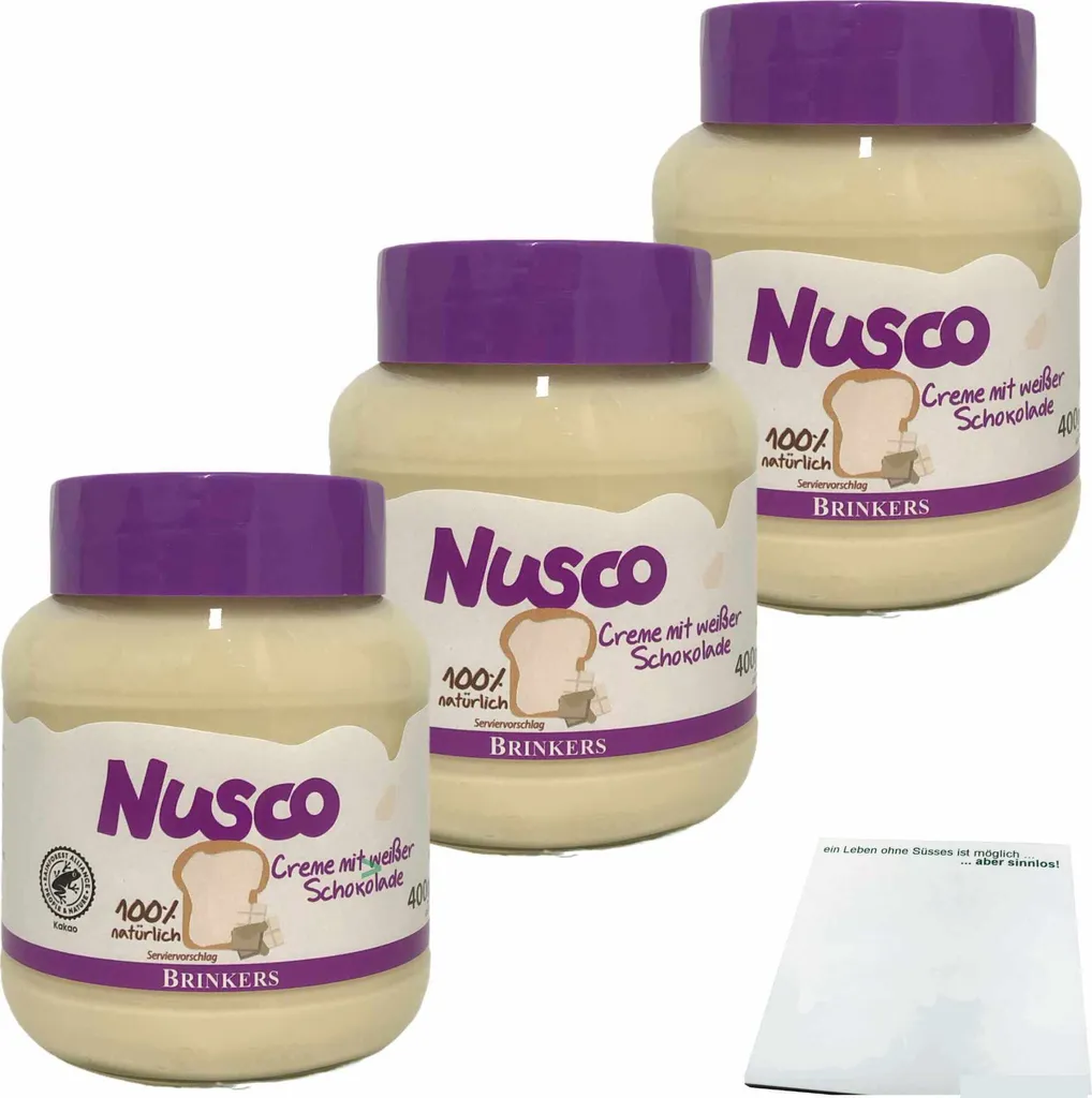 Nusco white chocolate cream spread with 2.5% white chocolate, 3-pack (3 x 400g jars) + usy block