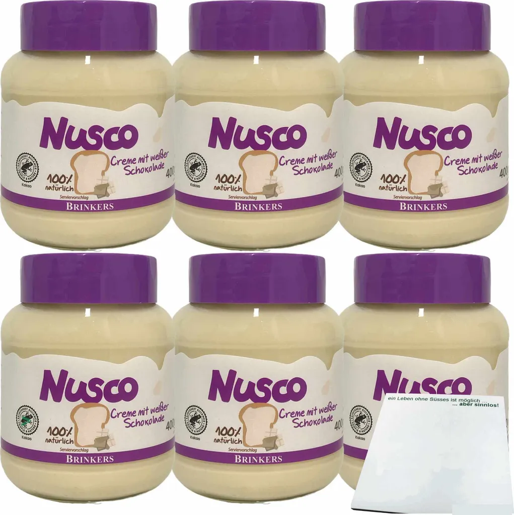 Nusco white chocolate cream spread with 2.5% white chocolate, 6-pack (6 x 400g jars) + usy block