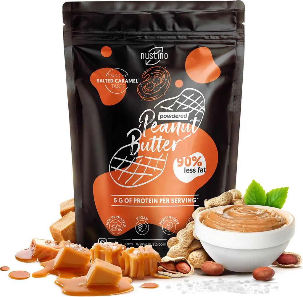 Nustino - Peanut Butter Powder Salted Caramel 400g - 90% Less Fat - High Protein - Sugar-Free - Low Fat - Palm Oil-Free - Ideal for Baking