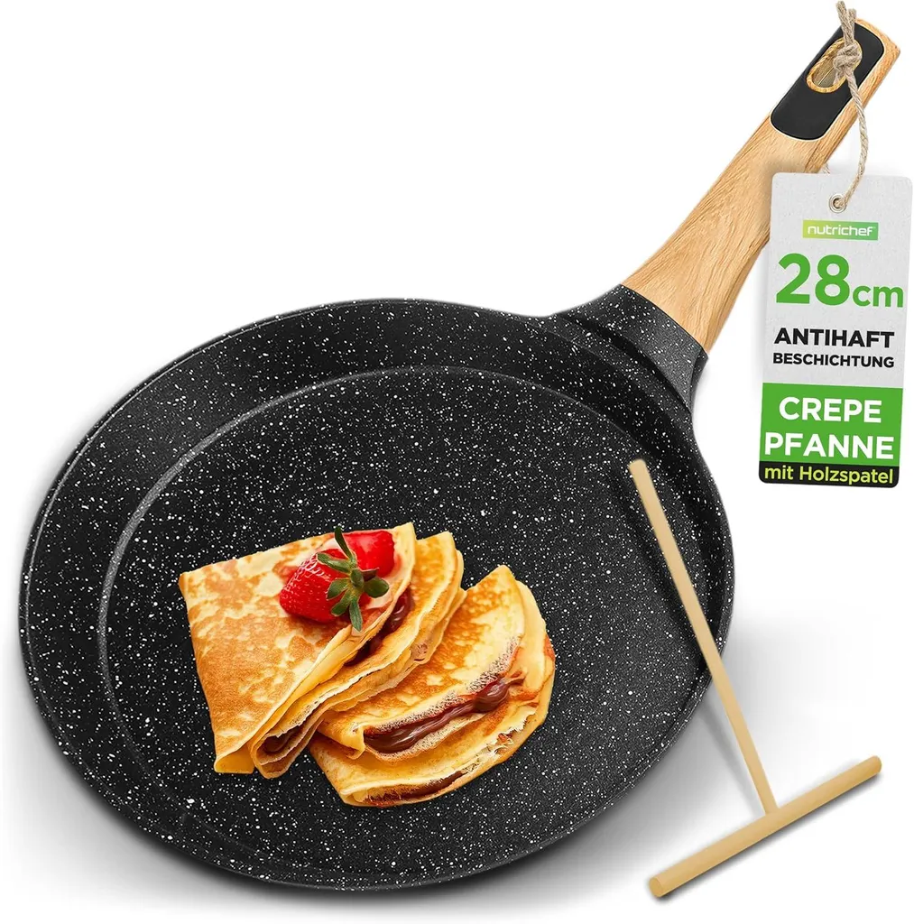 NutriChef Crepe Pan 28 cm Black – Non-stick & Marble Coated With Wooden Spatula, Induction Compatible & Dishwasher Safe