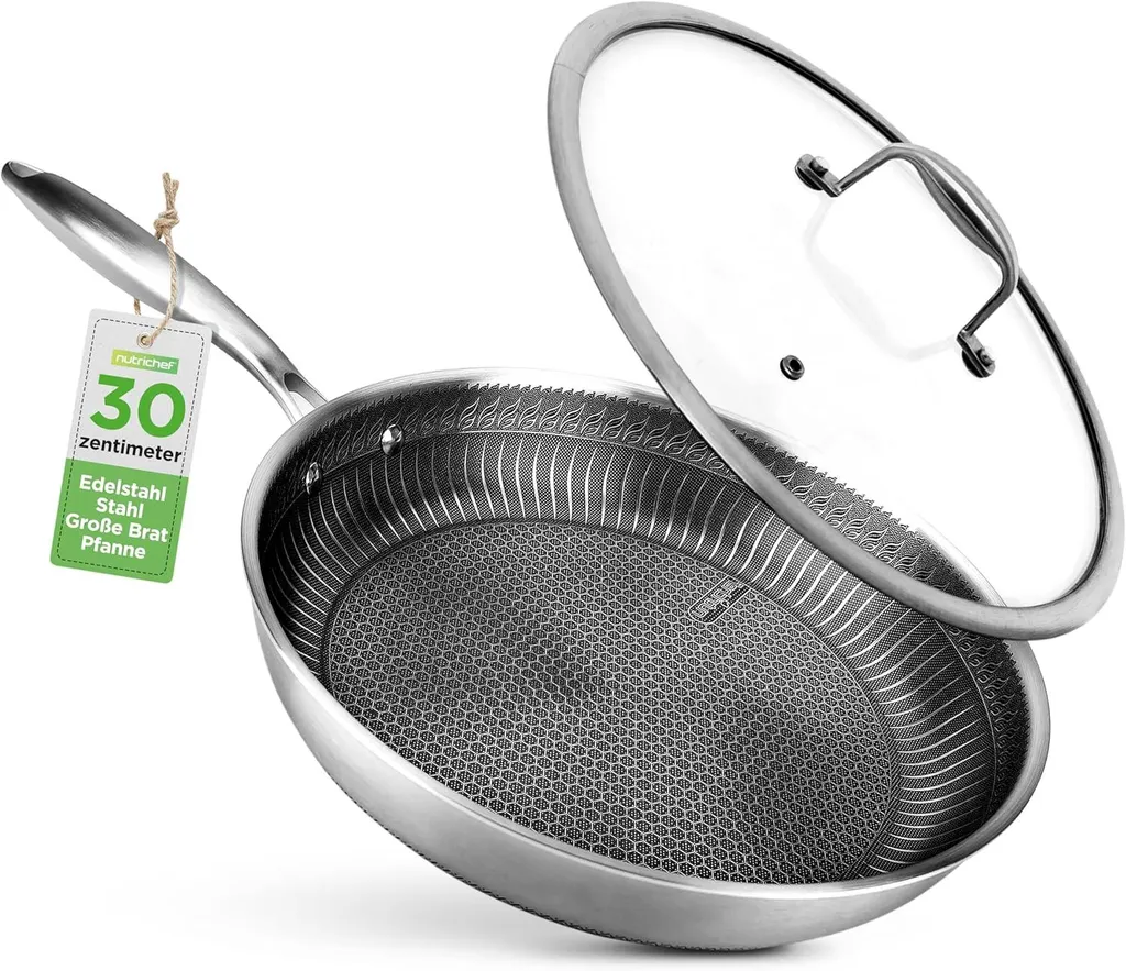 NutriChef stainless steel frying pan 31 cm with lid – non-stick frying pan, induction compatible, scratch-resistant, dishwasher safe, oven safe