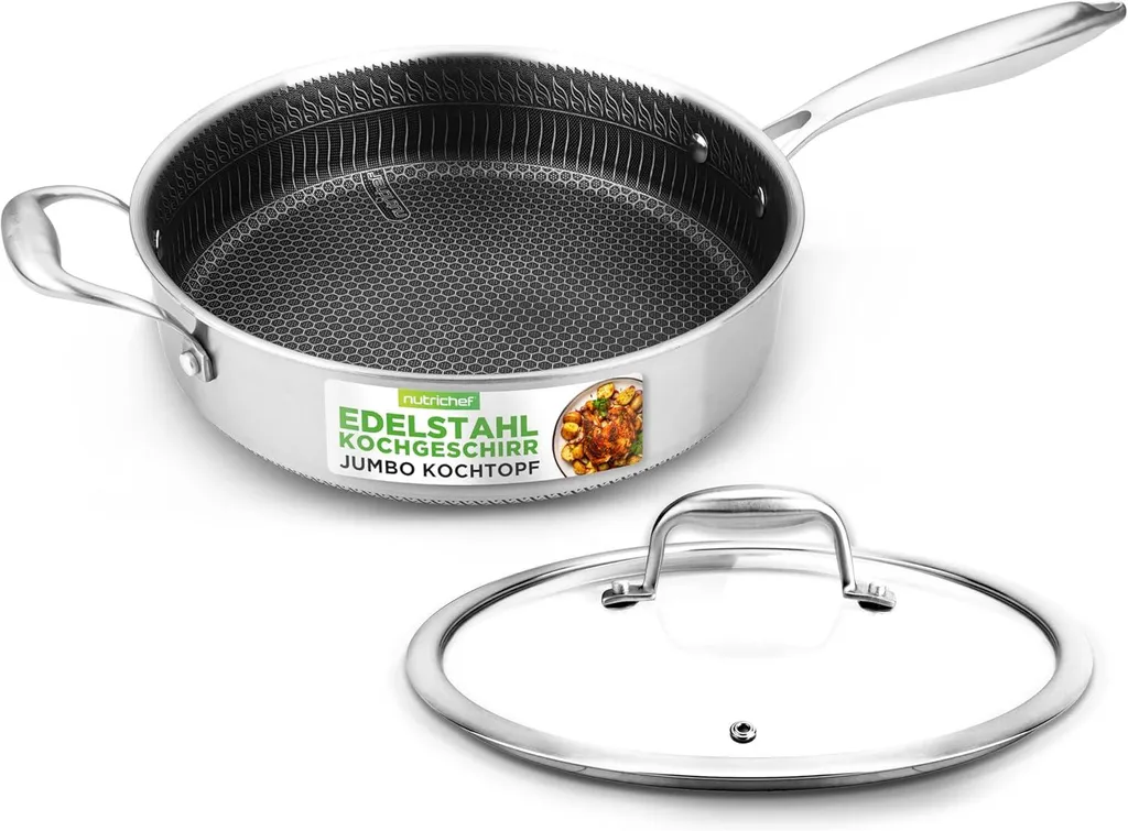 NutriChef stainless steel frying pan 3.2 L with lid – non-stick honeycomb structure, induction-compatible, scratch-resistant and dishwasher-safe, triple-aluminum core, up to 260 °C