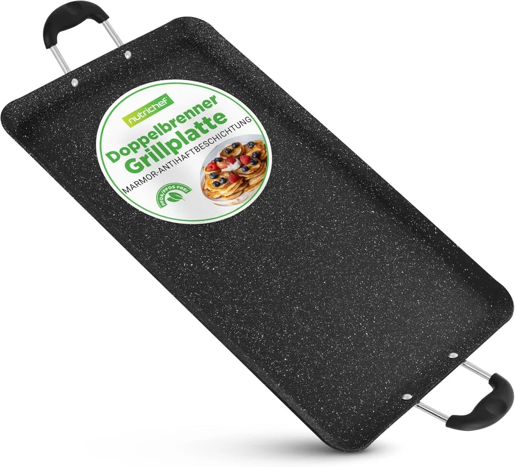 Nutrichef Griddle – 51x30 cm Aluminum Plancha with Non-Stick Finish and Gas Grill Griddle – Cool-Cool Handles – Dishwasher Safe