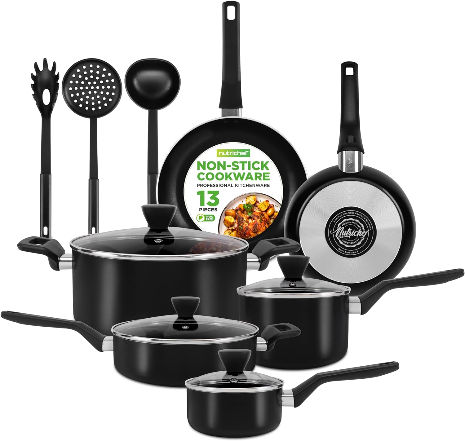 NutriChef NCCWA13 Nonstick Kitchenware Pots & Pans-Stylish Kitchen Cookware, Non-Stick (13-Piece Set), Aluminium, Black