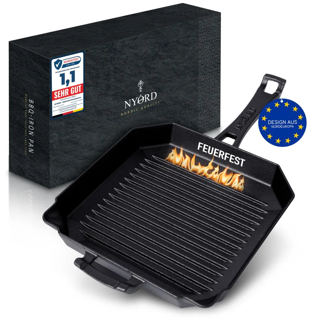 NYORD BBQ Cast Iron Grill Pan - for Induction, Glass Ceramic, Gas, Grill & Outdoor Use, Fireproof Cast Iron Pan with Grill Ridges, Cast Iron with Pouring Spout