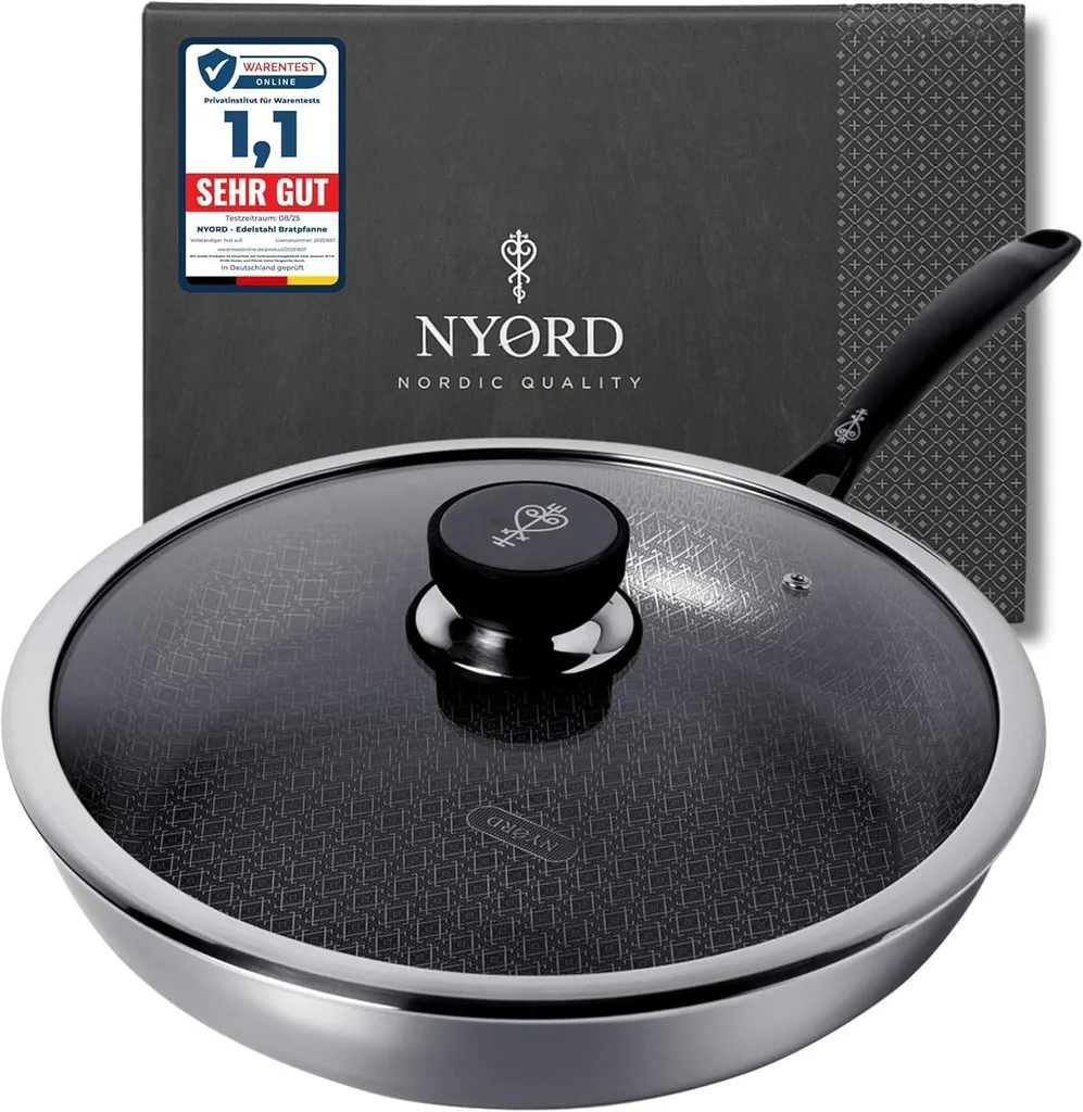 NYORD Stainless Steel Frying Pan - Non-stick, Scratch-resistant, Honeycomb pattern, Dishwasher safe, Hybrid frying pan, Ceramic coating, PTFE-free, 30 cm
