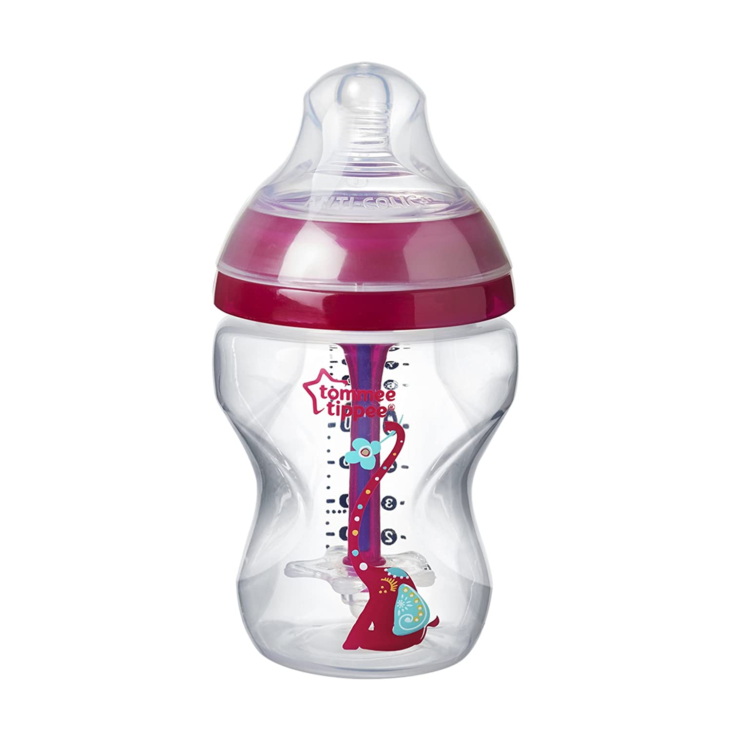 Tommee Tippee Anti-Colic Baby Bottle, Naturally Shaped Teat and Special Anti-Colic Vent System, 260 ml, Set of 1, Purple (Colour and Design May Vary)