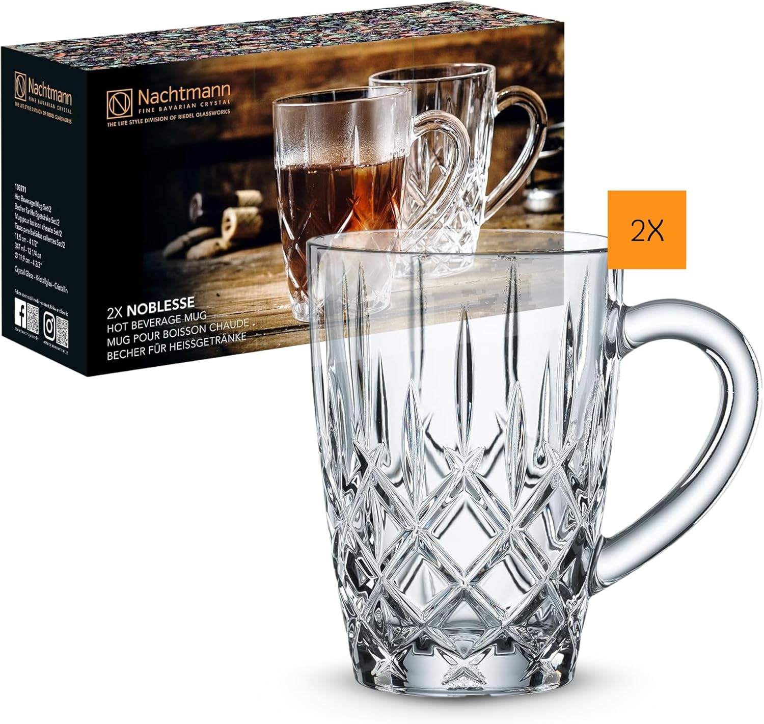 Nachtmann Store Nachtmann Noblesse 103771 2-Piece Tea Glasses Set, 347 ml, Crystal Glass Coffee Glasses, Hot Drinks Glasses, Dishwasher Safe