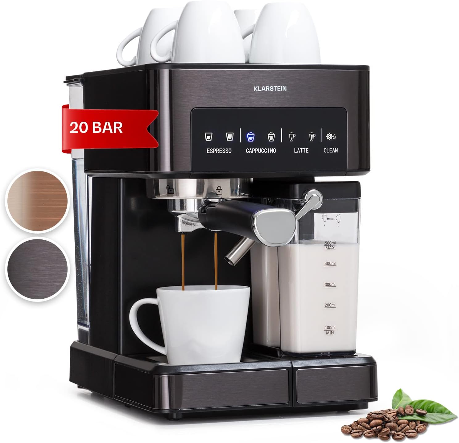 Klarstein Espresso Portafilter Machine with Milk Frother, 1.8 L Mini Espresso Machine with Portafilter, 20 Bar, Stainless Steel, Small, 0.5 L Milk Tank, 1350 W Coffee Machine for Ground Coffee