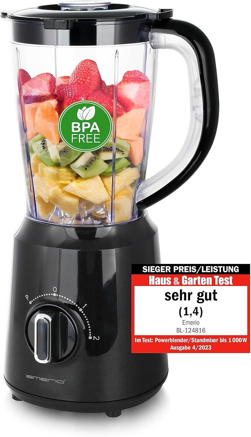 EMERIO BL-124816.8 Blender BPA Free Crush Ice Function 1.5 L Container 2 Speeds + Pulse Function Stainless Steel Blade Unit Safety Switch Dishwasher Safe 500 Watt Black