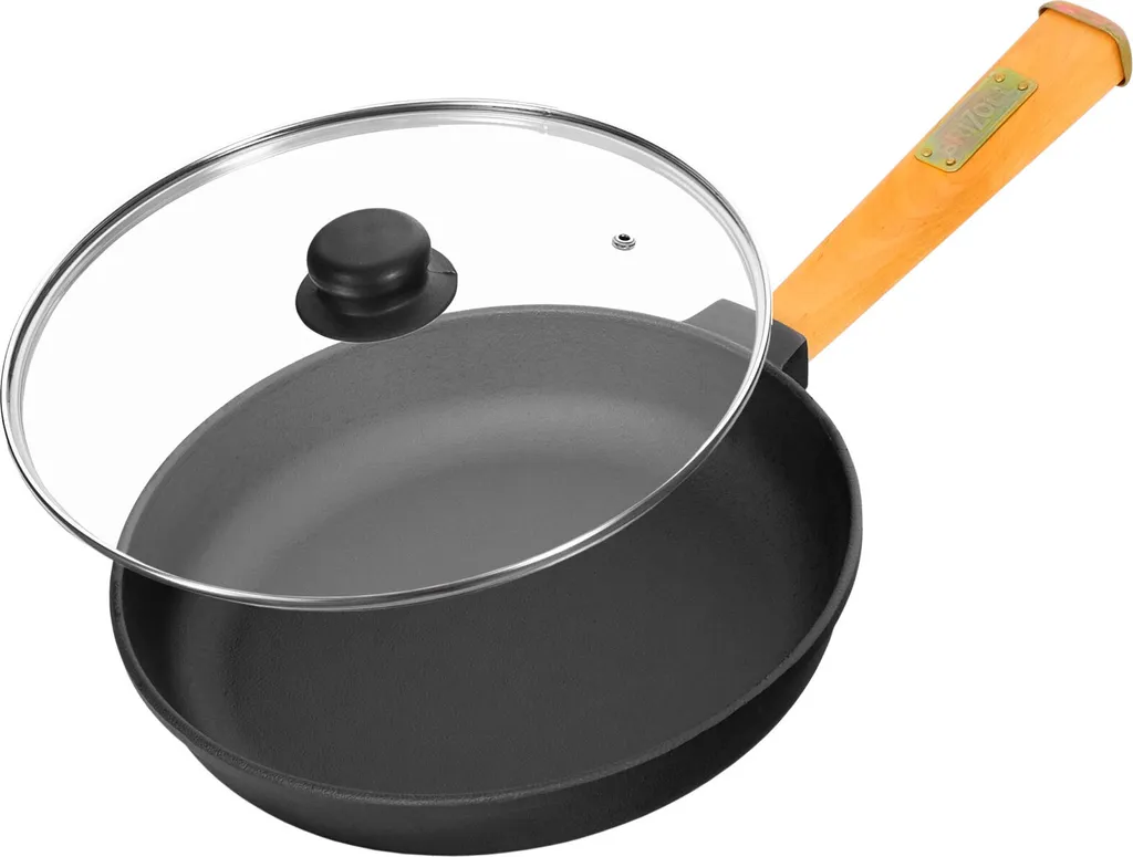BRIZOLL Ø20cm cast iron frying pan, 39mm high, with wooden handle and glass lid, induction compatible.