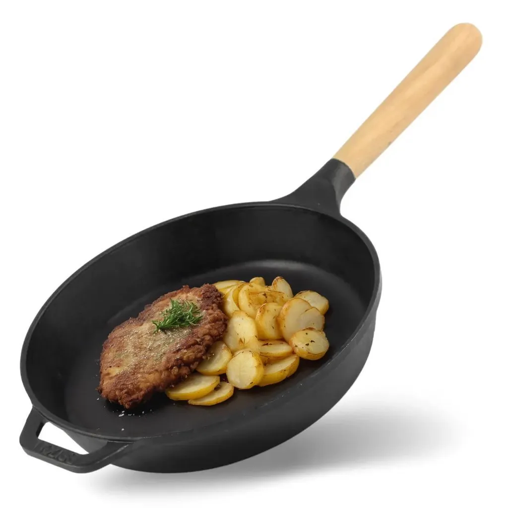 Ø22cm 40mm deep cast iron frying pan BRIZOLL cast iron frying pan round cast iron pan with wooden handle by 4big.fun INDUCTION suitable for all types of hobs