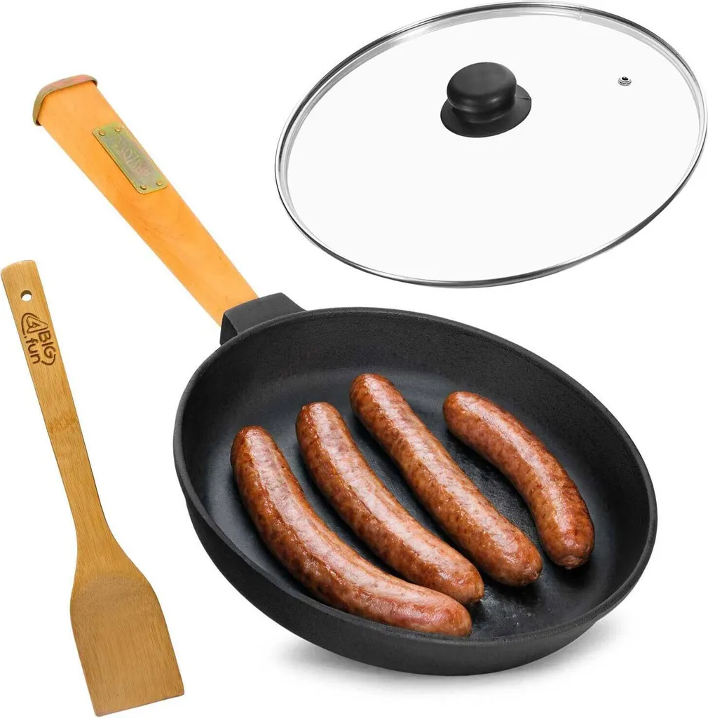 BIG-PAN 22cm diameter cast iron frying pan with wooden handle, screw-on glass lid, 43mm high. Cast iron frying pan, steak pan, fire pan, suitable for all hob types (induction). Spatula included.