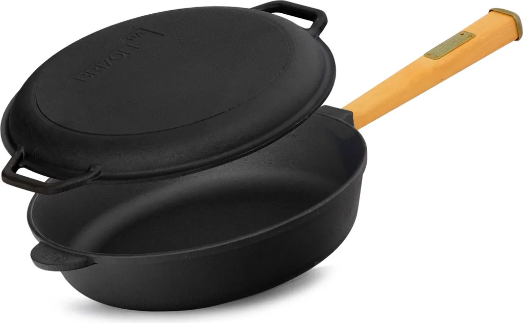 BRIZOLL Ø24cm 62mm high cast iron frying pan with wooden handle and lid - cast iron frying pan