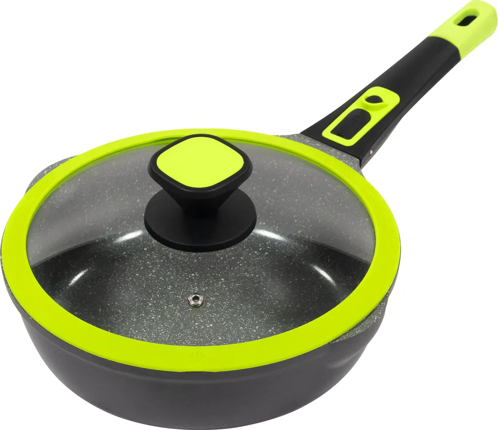 24cm diameter frying pan, approx. 7.5cm high, KING® Click-Grip cast aluminum with ceramic coating, interior: FUSION TI / removable handle / with glass lid / color: green