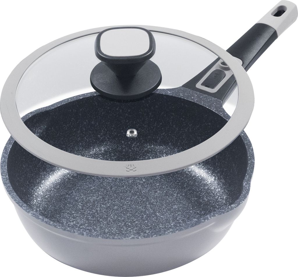 Ø24cm frying pan, approx. 7.5cm high, KING® Click-Grip cast aluminum with reinforced coating: MOONSCAPE / removable pan handle / with glass lid / GREY