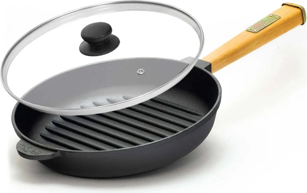 BRIZOLL Ø24cm cast iron grill pan with glass lid, induction compatible, wooden handle, frying pan, pan, fire pan