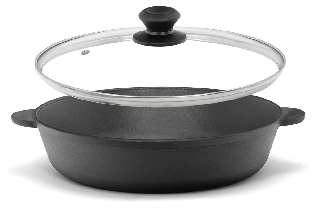 BRIZOLL Ø24cm cast iron pan with glass lid, cast iron roaster/casserole dish, two handles, serving pan