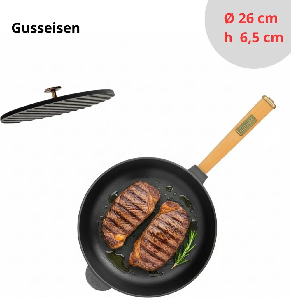 BIG-PAN Ø26 cm pan, 7 cm high, wooden handle, press lid, cast iron, cast iron frying pan, steak pans, meat press, grill press, cast iron pan, fire pan, induction