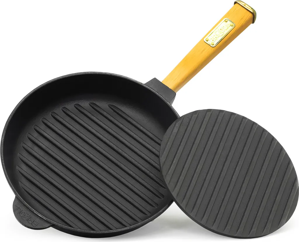 BRIZOLL Ø26cm cast iron grill pan with press-fit lid, induction compatible, wooden handle, frying pan, pan, fire pan