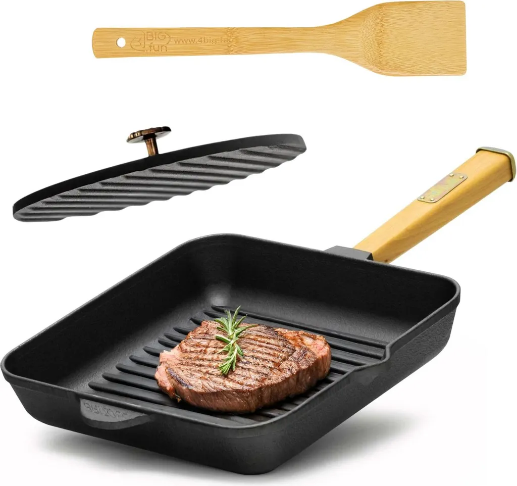 BIG-PAN Ø26cm Cast Iron Grill Pan with Wooden Handle, Press-Fit Lid, Frying Pan, Fire Pan, Spatula, Induction Compatible
