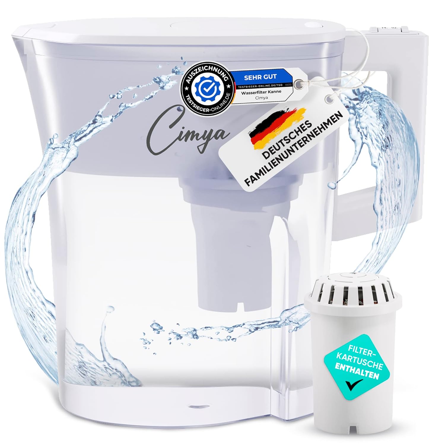 Water Filter Jug Drinking Water 2.4 L Includes 1 x 60 Day Filter Activated Carbon Cartridge with 8-Way Filter System without Chemicals, Water Water Purifier Filters Limescale, Chlorine, Harmful