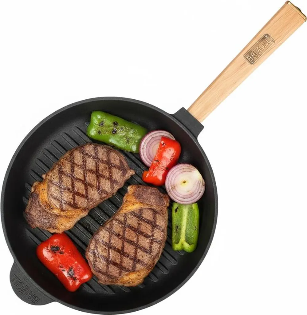 BIG-PAN Ø28 cm cast iron grill pan, steak pan, frying pan, wooden handle, cast iron pan, fire pan, cast iron pan, suitable for all hob types, induction