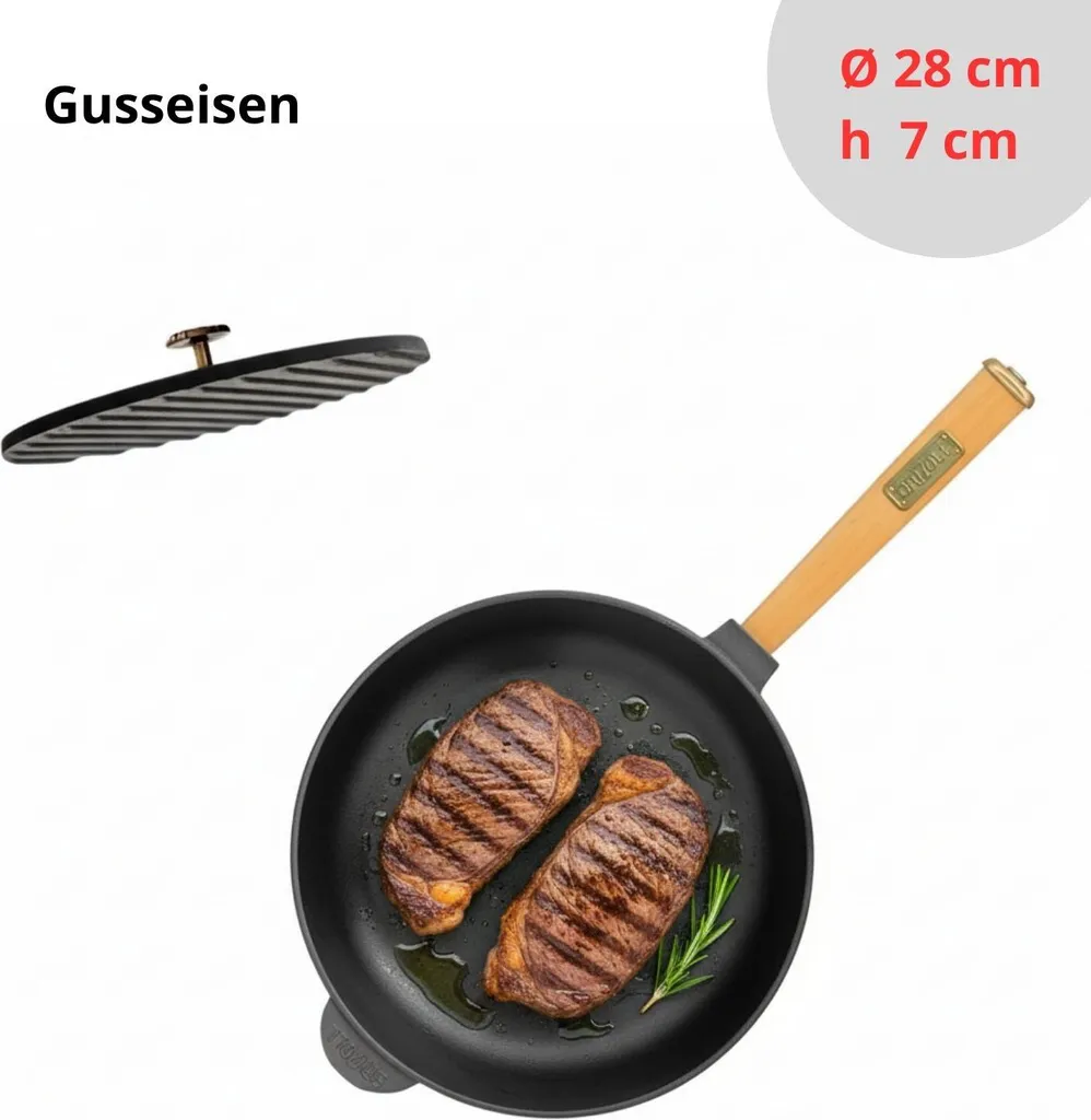 BIG-PAN 28 cm diameter pan, 7 cm high, wooden handle, press lid, cast iron, cast iron frying pan, steak pans, meat press, grill press, cast iron pan, fire pan, induction compatible