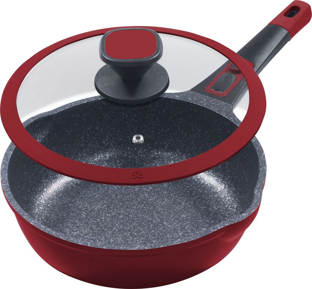 Ø28cm frying pan, approx. 8.5cm high, KING® Click-Grip cast aluminum with reinforced coating: MOONSCAPE / removable pan handle / with glass lid / RED