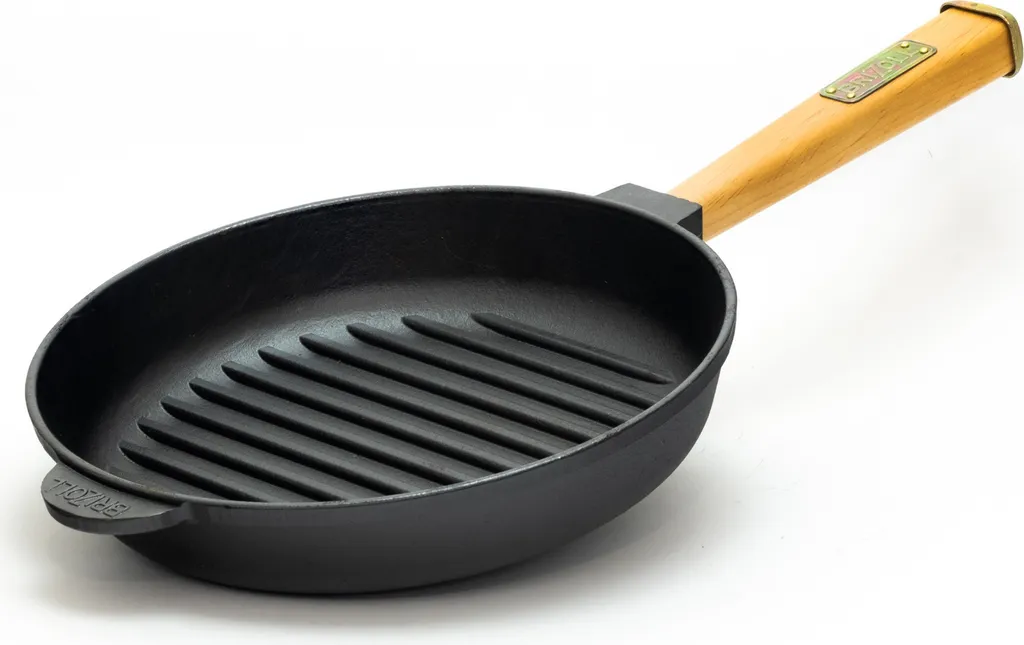 BRIZOLL Ø28cm cast iron grill pan, induction compatible, wooden handle, frying pan, pan, fire pan