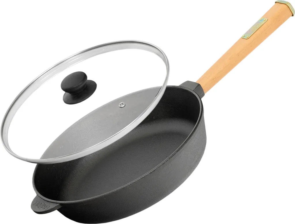 BRIZOLL Ø28cm cast iron frying pan, 70mm high, with wooden handle and glass lid, induction compatible.