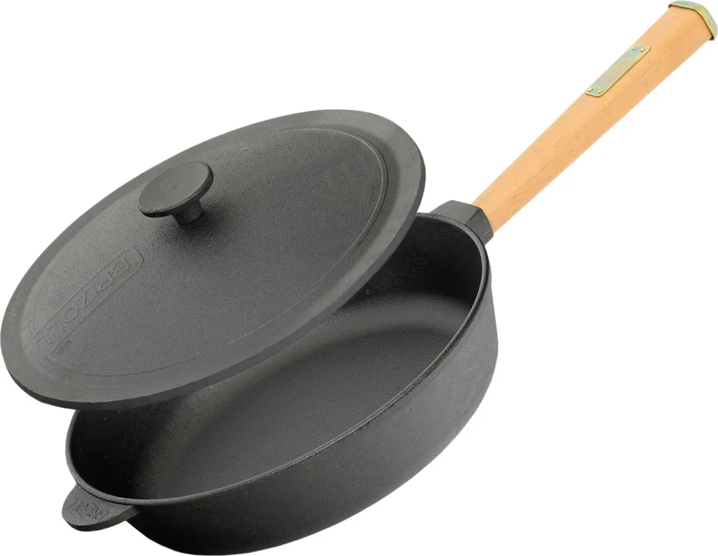 BRIZOLL Ø28cm cast iron frying pan, 70mm high, with wooden handle and cast iron lid, induction compatible.