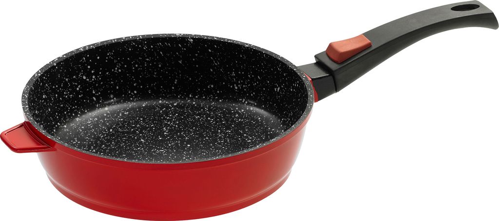 28cm diameter KING® cast aluminum frying pan, approx. 7cm high, with removable handle and durable non-stick ceramic coating. Interior: FUSION TI® / Color: Red