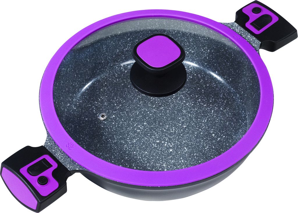 Ø28cm serving pan, approx. 7.5cm high, KING® Click-Grip cast aluminum with ceramic coating, interior: FUSION TI / removable handles / color: Berry