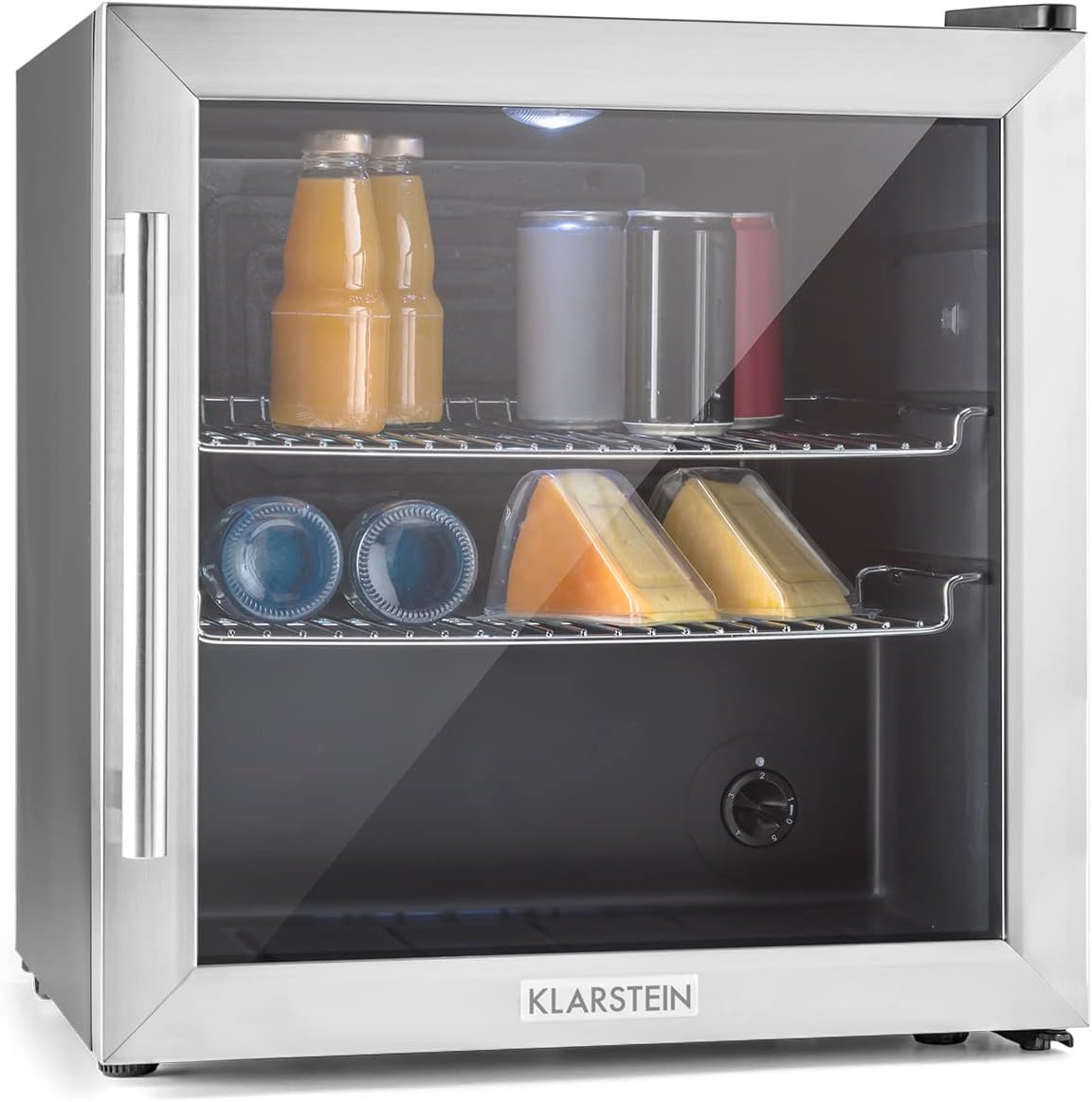 Klarstein Drinks Fridge, Small Fridge with 2 Shelves, Mini Fridge, Silent, for Office, Camping, Outdoor, with Glass Door, Mini Fridge 3-10°C, Beer Fridge, 47 L, Silver/Black