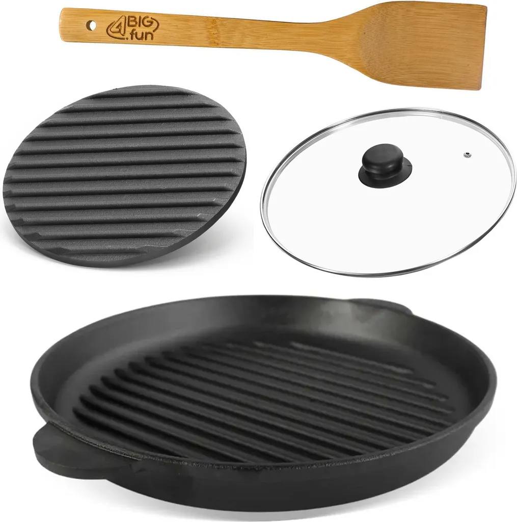 BRIZOLL Ø30cm cast iron grill pan, roaster with press-fit lid, glass lid, spatula, casserole dish, two handles, serving pan, grill