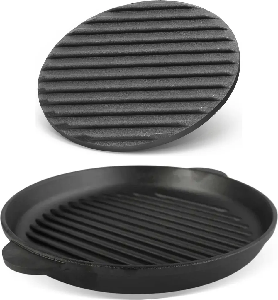 BRIZOLL Ø30cm cast iron grill pan, roaster with press-fit lid, casserole dish, two handles, serving pan, grill