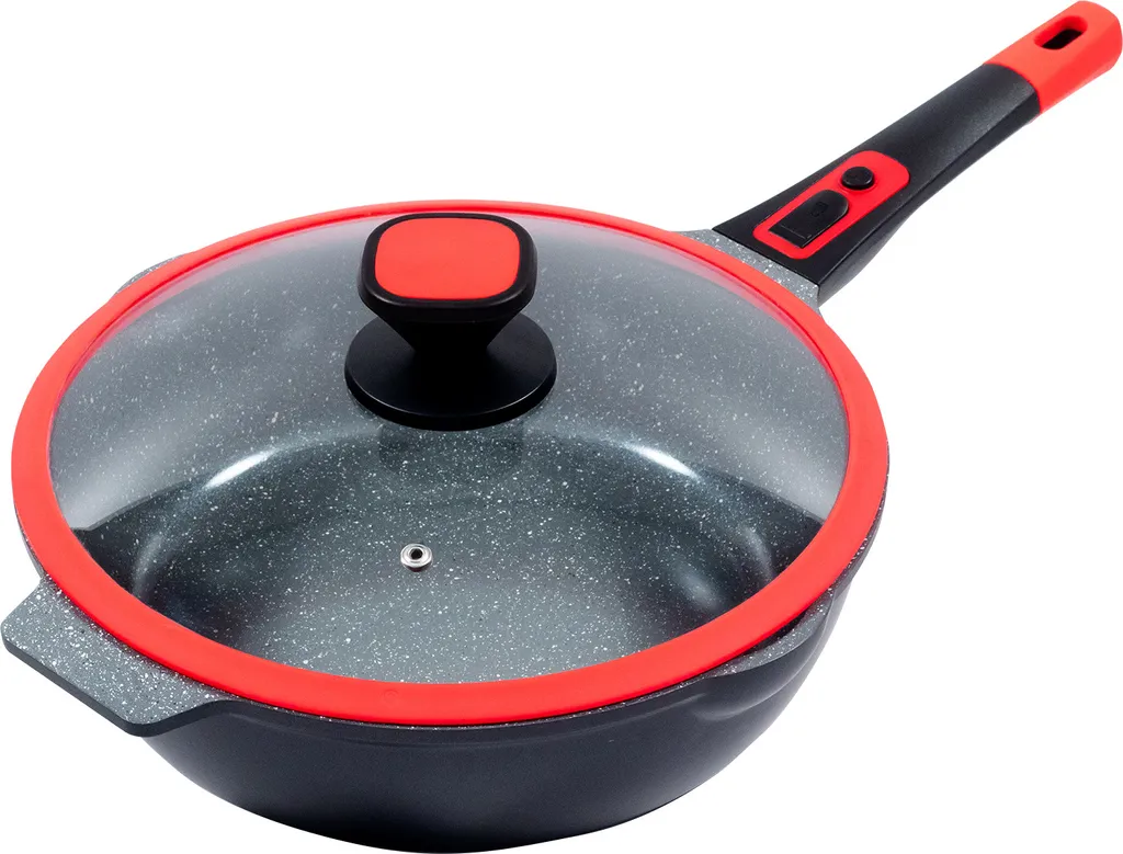 32cm diameter frying pan, approx. 9.5cm high, KING® Click-Grip cast aluminum with ceramic coating, interior: FUSION TI / removable handle / with glass lid