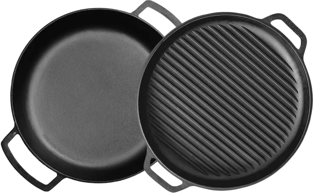 BRIZOLL Ø36cm cast iron pan with lid - cast iron grill pan, cast iron roaster/casserole dish, two handles, serving pan