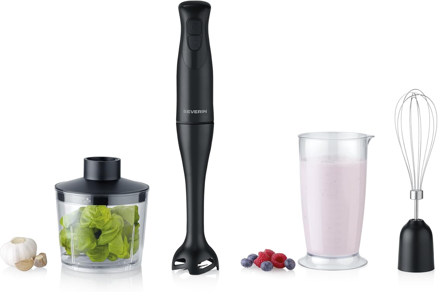 Severin SM 3762 4-in-1 Hand Blender with 700 ml Mixing & Measuring Cup, Whisk, Chopper Attachment, Mixing Stick, Removable Purée Base, Turbo Button, Easy Click System, for Smoothies, Shakes, 350 W