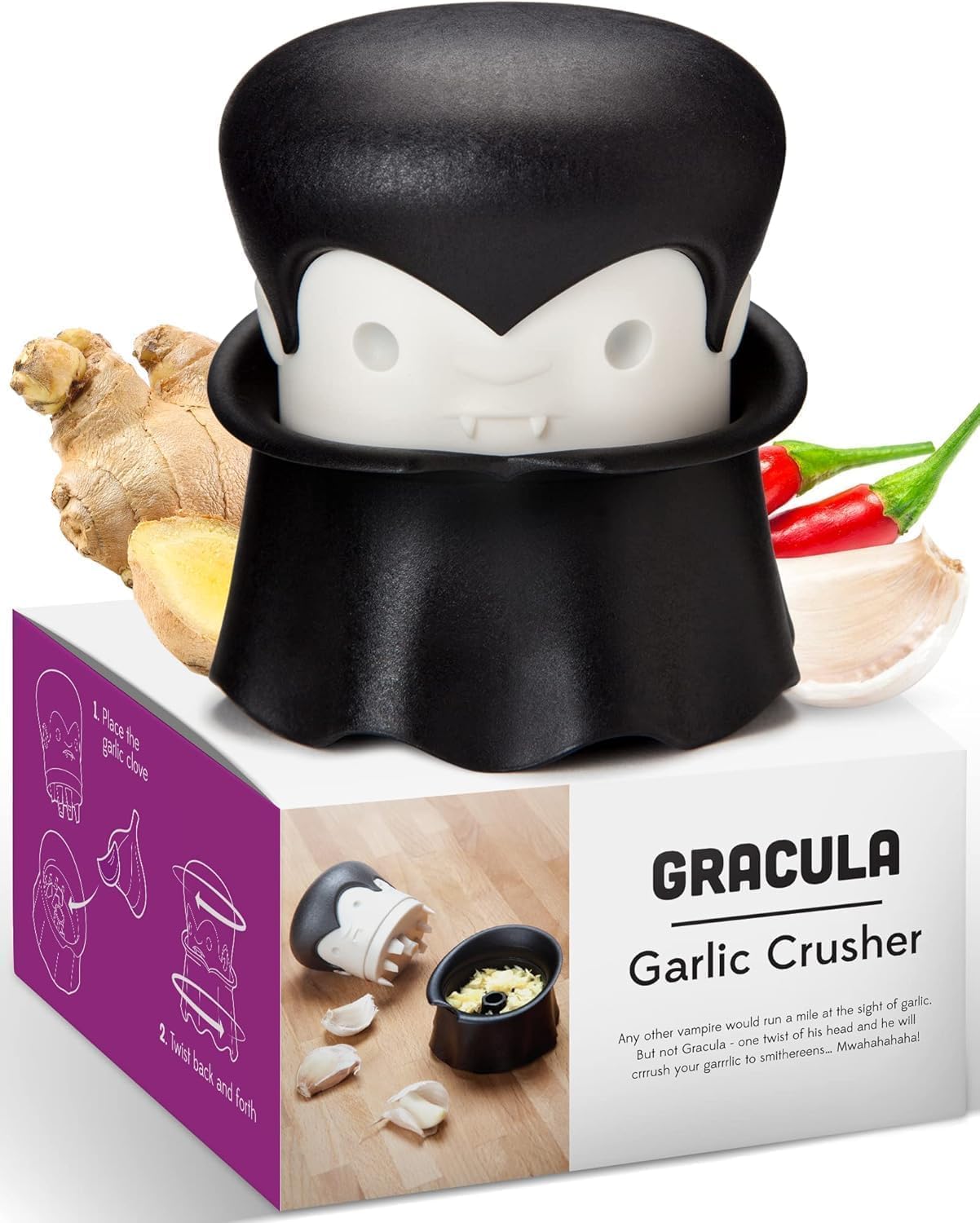 Ototo Gracula Garlic Cutter, Garlic Chopper and Peeler, Dracula Garlic Press, Easy to Use, Twister Without BPA, Easy to Clean and Dishwasher Safe, Halloween Decoration