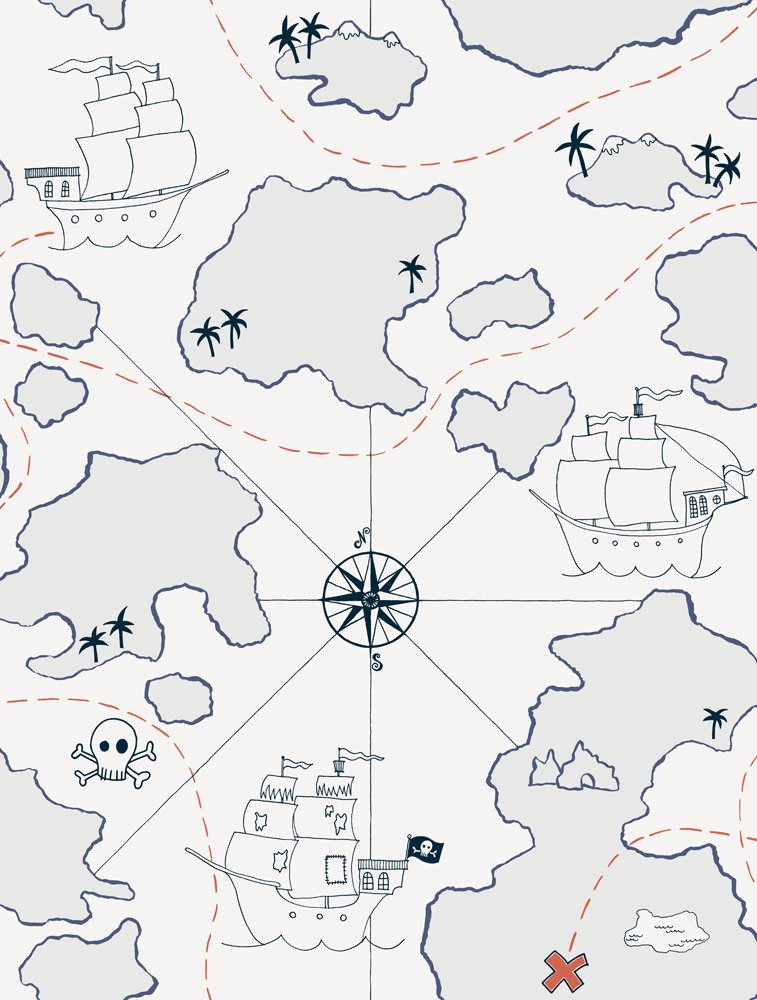 BorasTapeter Lilleby 2673 Children's Fleece Wallpaper Pirate Map Blue Red Black White