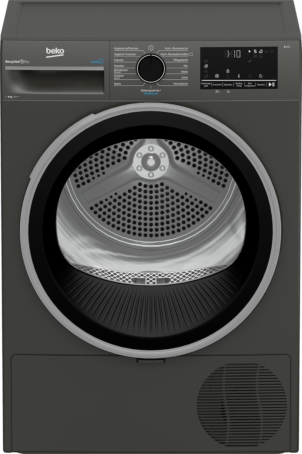 Beko B3T22491M Tumble Dryer Series B300, 8 kg, Front Load, Heat Pump Dryer, 15 Programs, Sensor Drying, Steam Function, Silent Program, Suitable for Allergy Sufferers, Columnar, Manhattan Gray