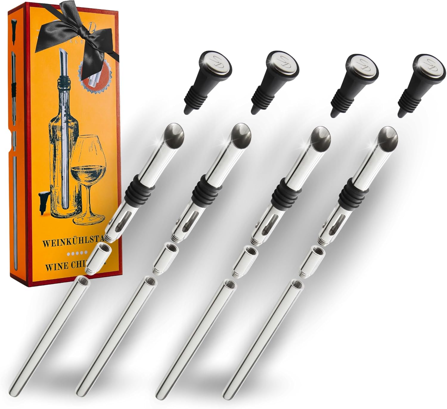 SIMPLEX DOMO 4-in-1 Premium Wine Cooling Stick, Set of 4, 100% Stainless Steel Pourer & Wine Cooler, Includes Extension & Bottle Stopper, Dishwasher Safe, Elegant Gift Box
